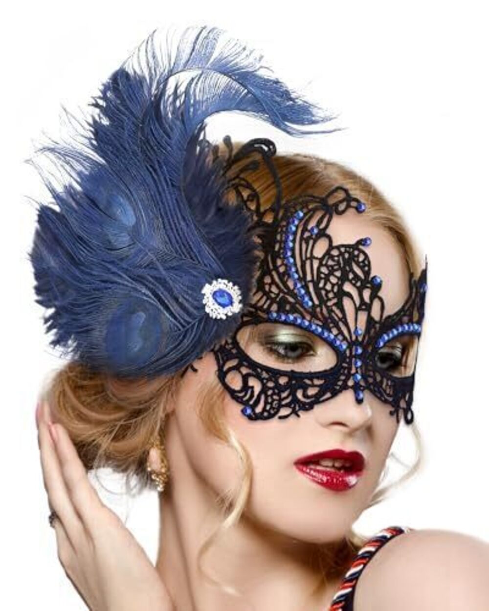 6384 Feather Blue Masquerade Mask - Halloween Lace Eyemask with Removable